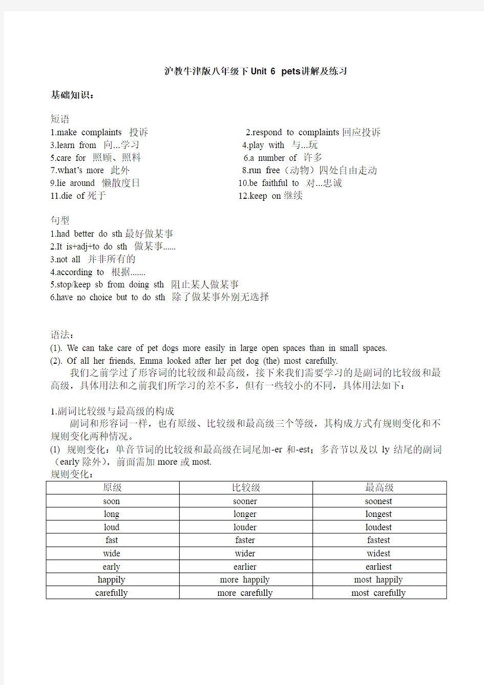 沪教牛津版八年级下册英语Unit6pets知识点讲解与练习