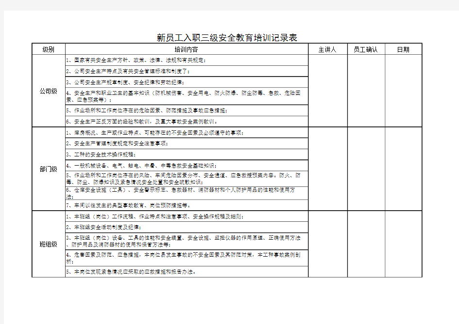 新员工入职三级安全教育培训记录表