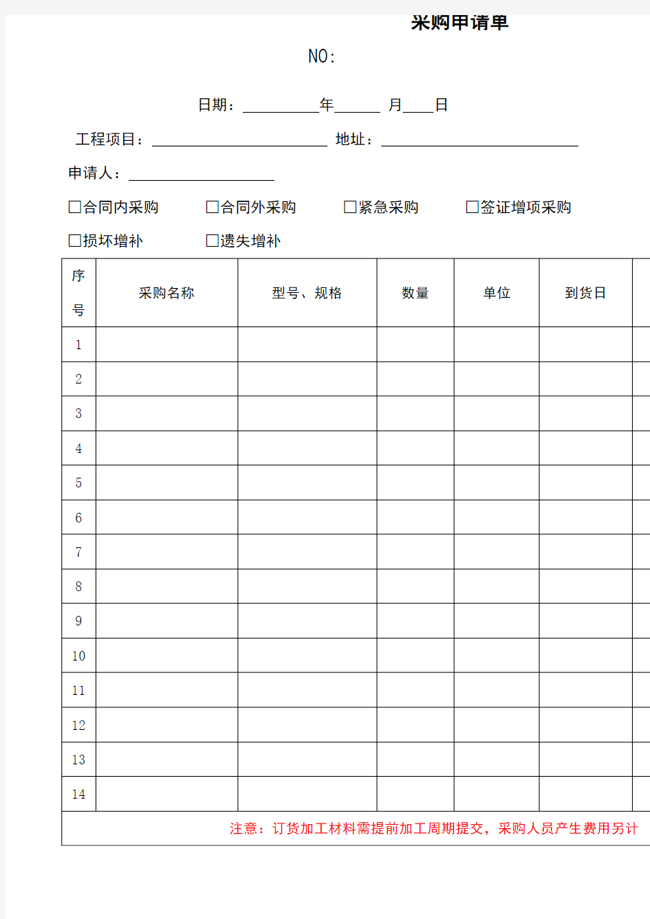 采购申请单模版