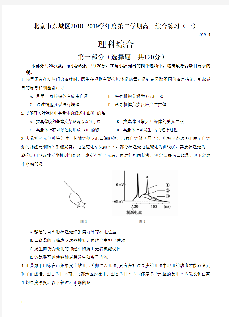 北京市东城区2018学年度第二学期高三综合练习(一)理综生物(有答案)