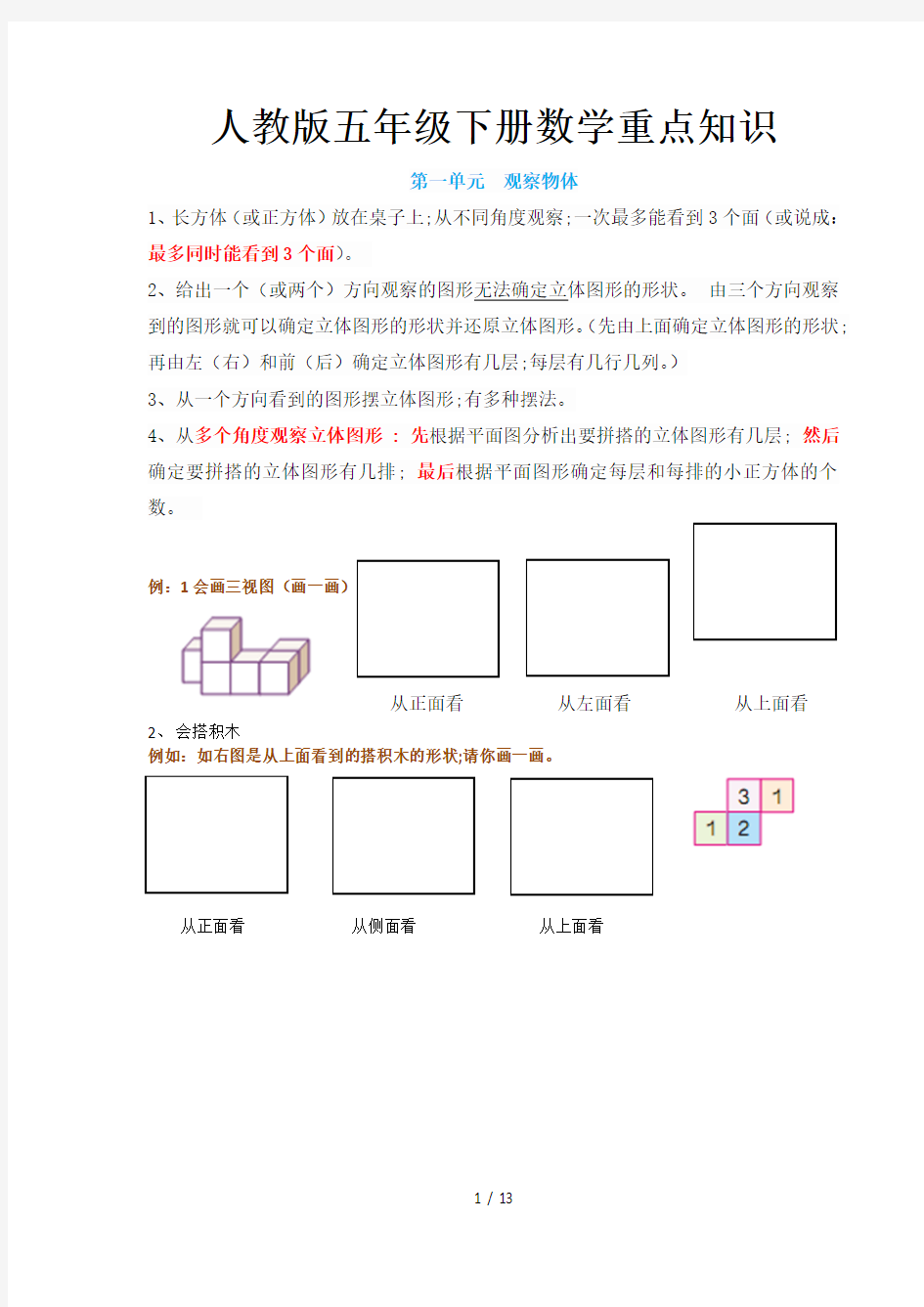 【小学数学】人教版五年级下册数学重点知识(精华版)