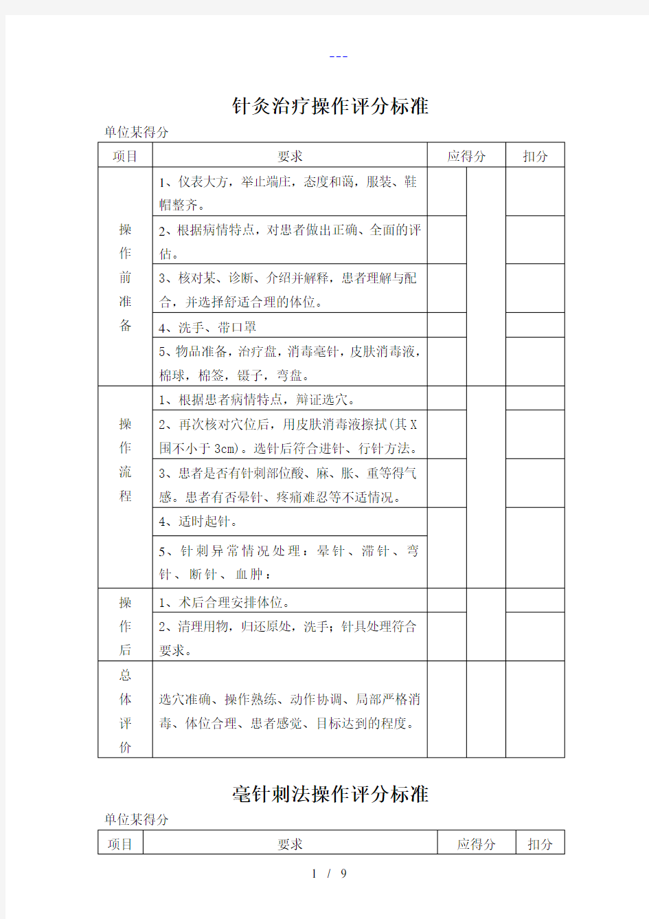 针灸治疗操作评分标准