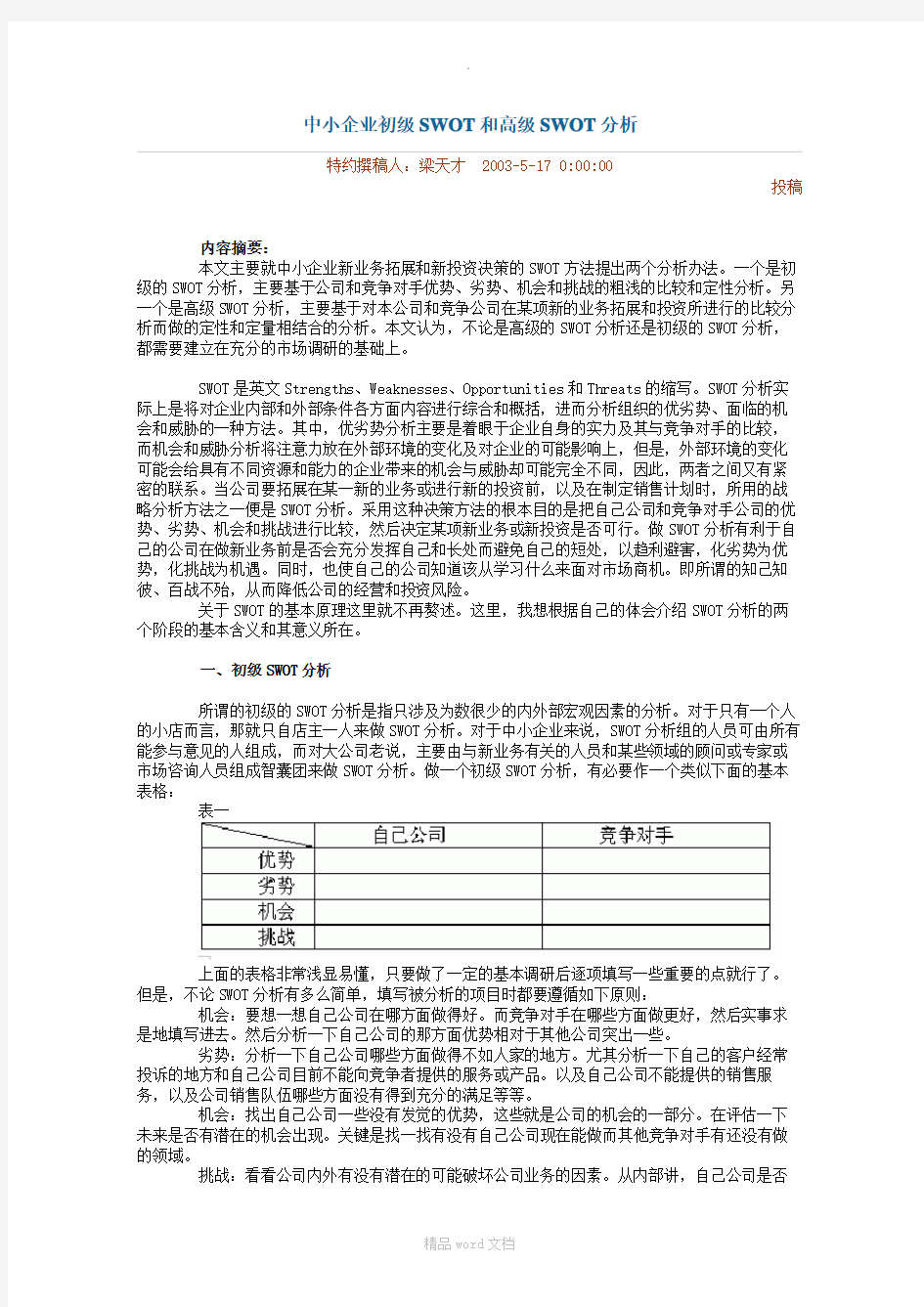 中小企业初级SWOT和高级SWOT分析