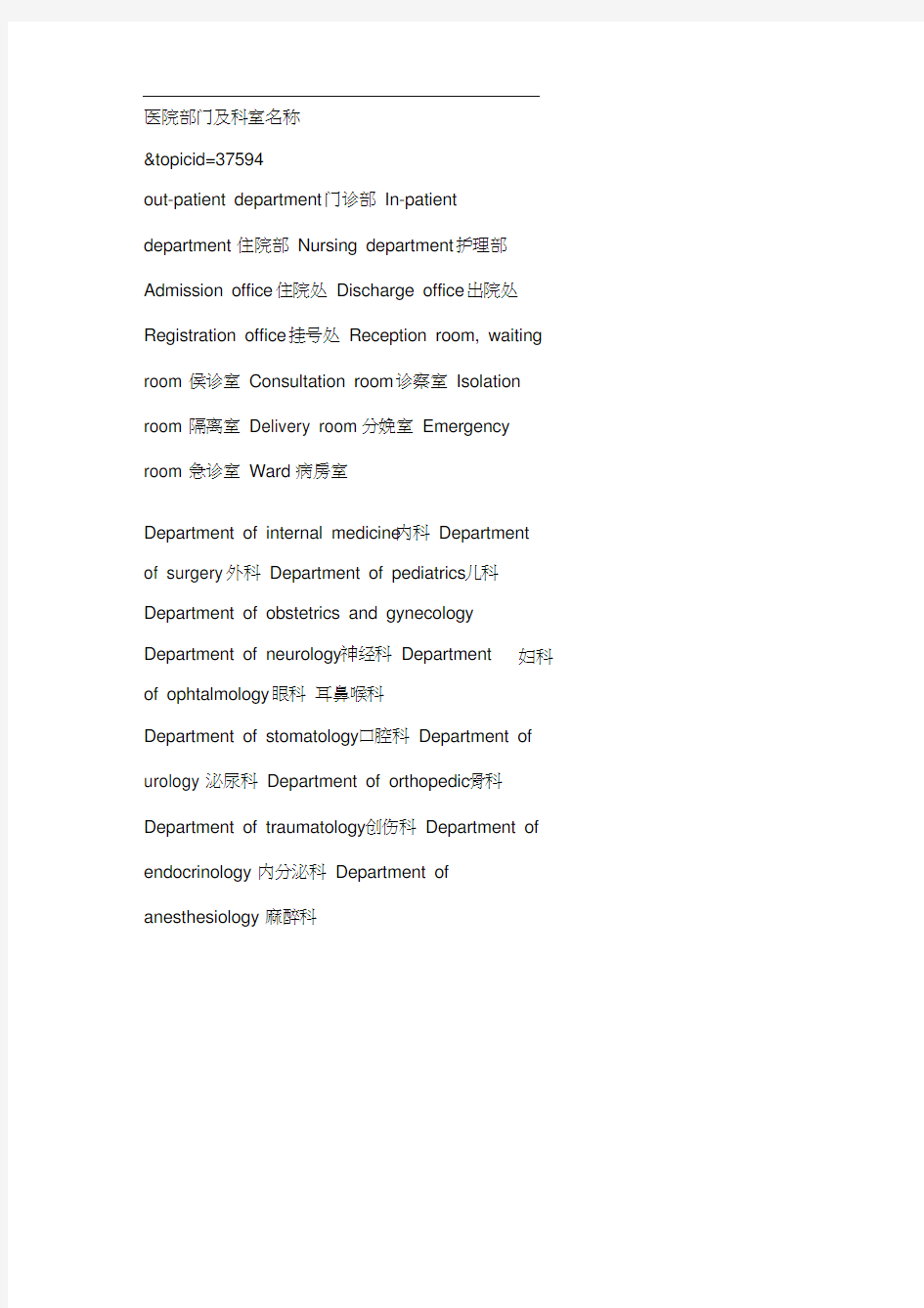 医院部门及科室名称(中英对照)