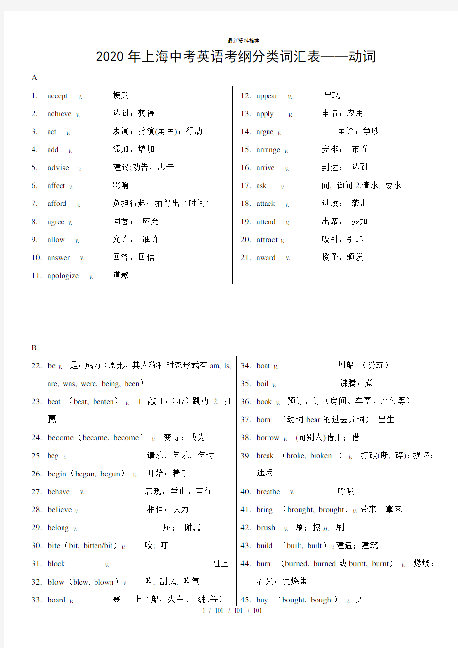 2020年上海中考英语考纲词汇分类表(动词)