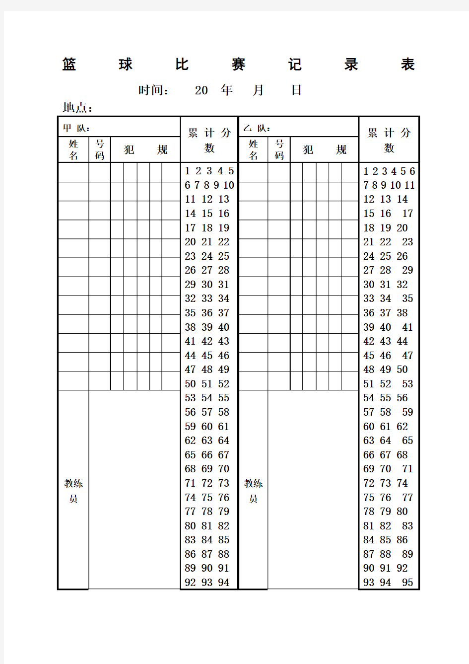 篮球比赛成绩记录表