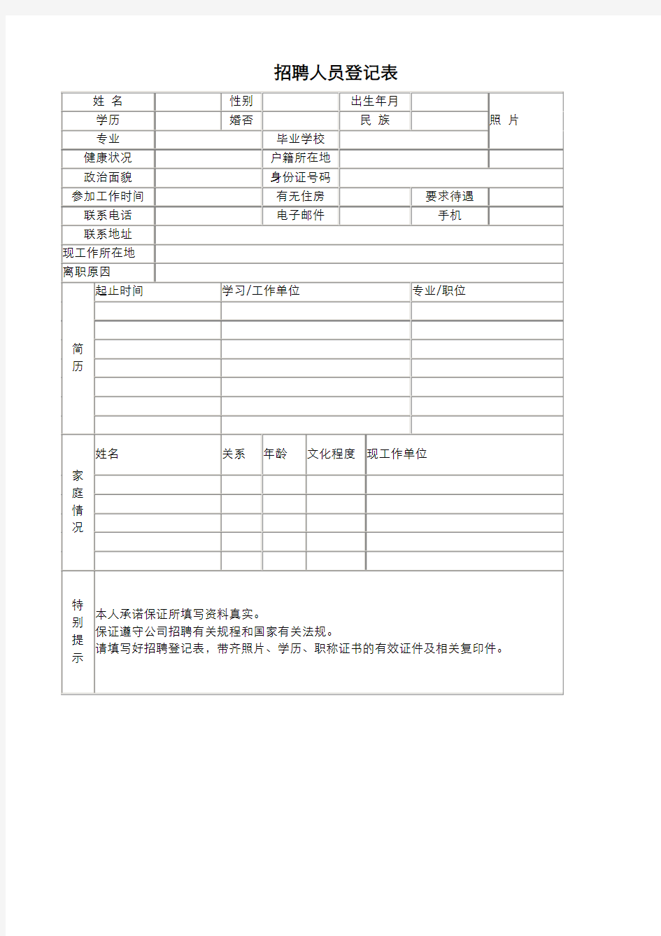 招聘人员登记表