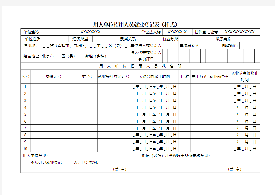 用人单位招用人员就业登记表(样式)