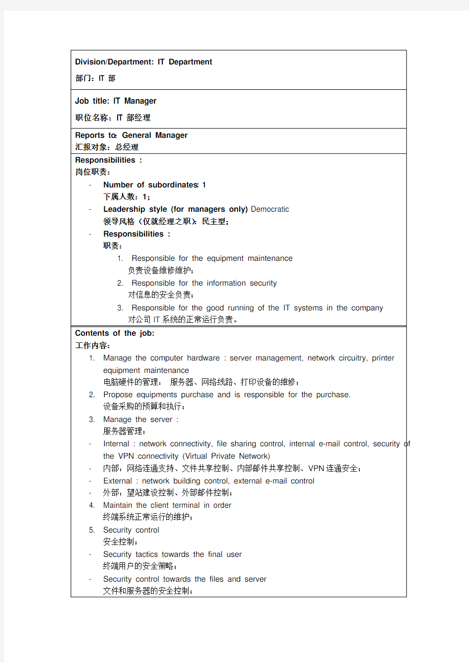 IT部经理岗位说明书