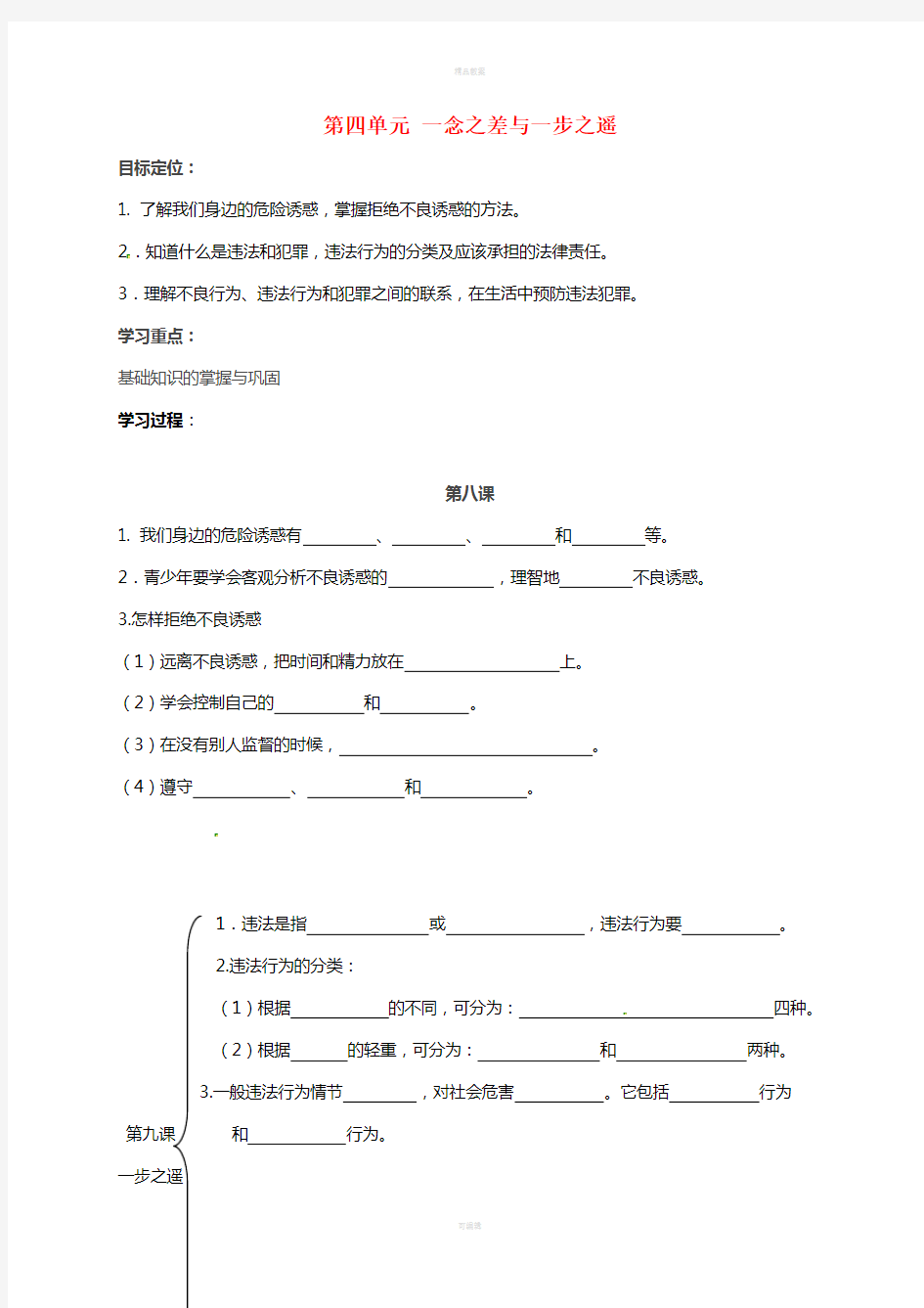 八年级政治上册 第四单元 一念之差与一步之遥复习与小结教案 教科版