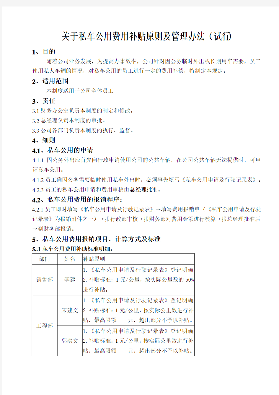 关于私车公用费用补贴原则及管理办法(试行)