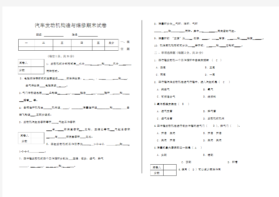 汽车发动机构造与维修试题及答案