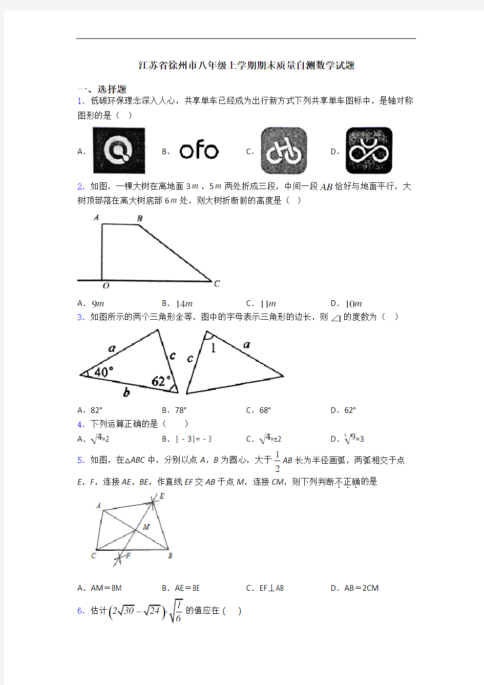 江苏省徐州市八年级上学期期末质量自测数学试题