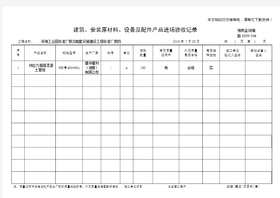 建筑安装原材料设备及配件产品进场验收记录