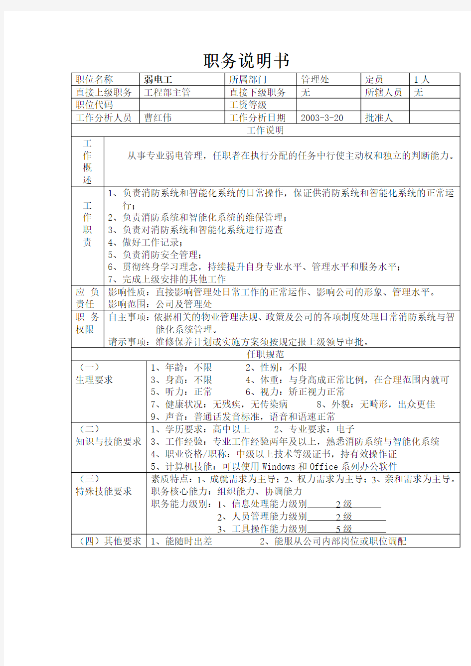 弱电工的岗位职责