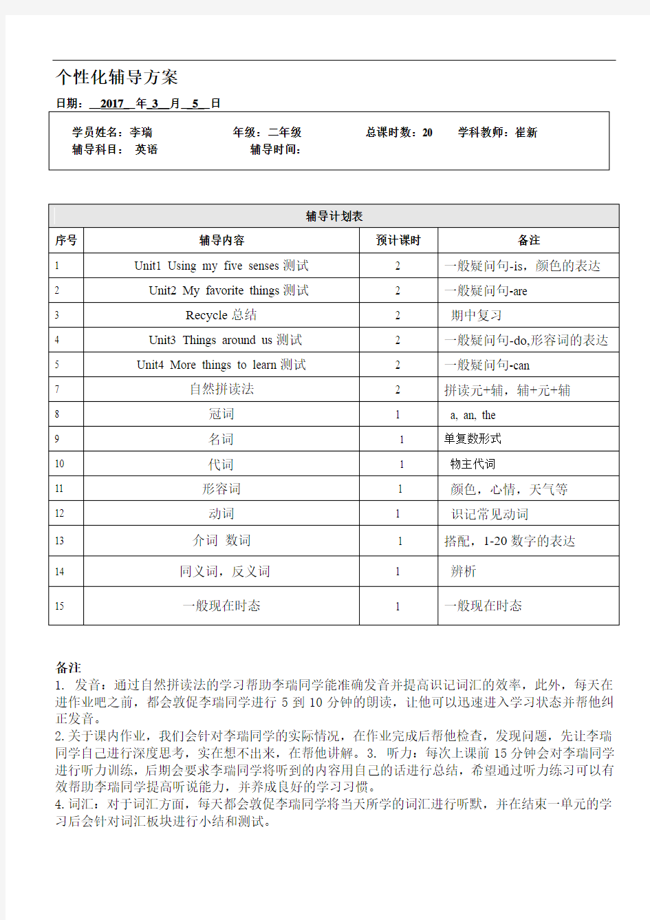 辅导计划方案模板课时计划表