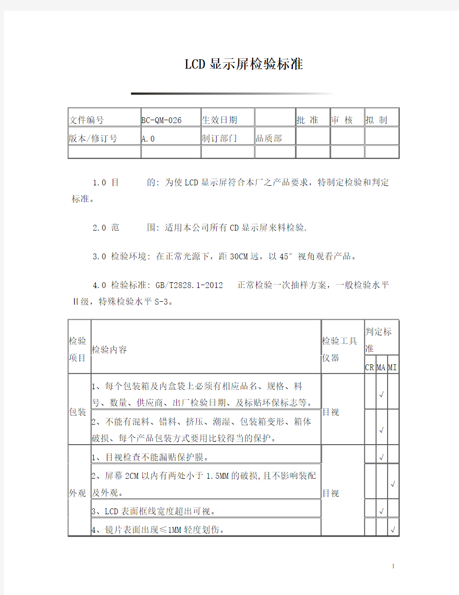 LCD显示屏检验标准