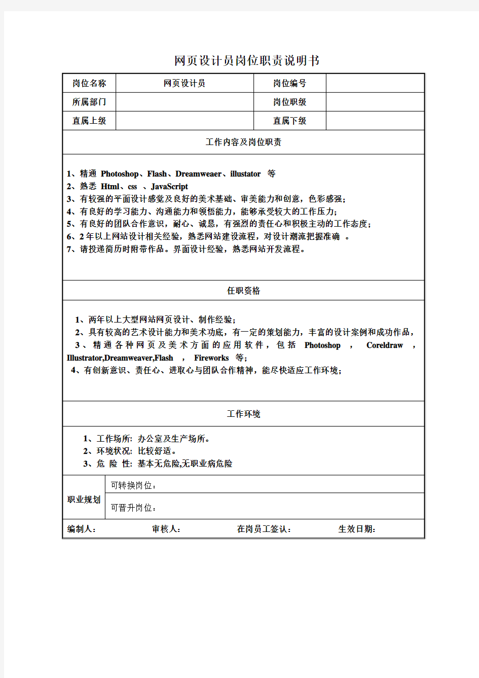 互联网行业-网页设计师岗位职责说明书