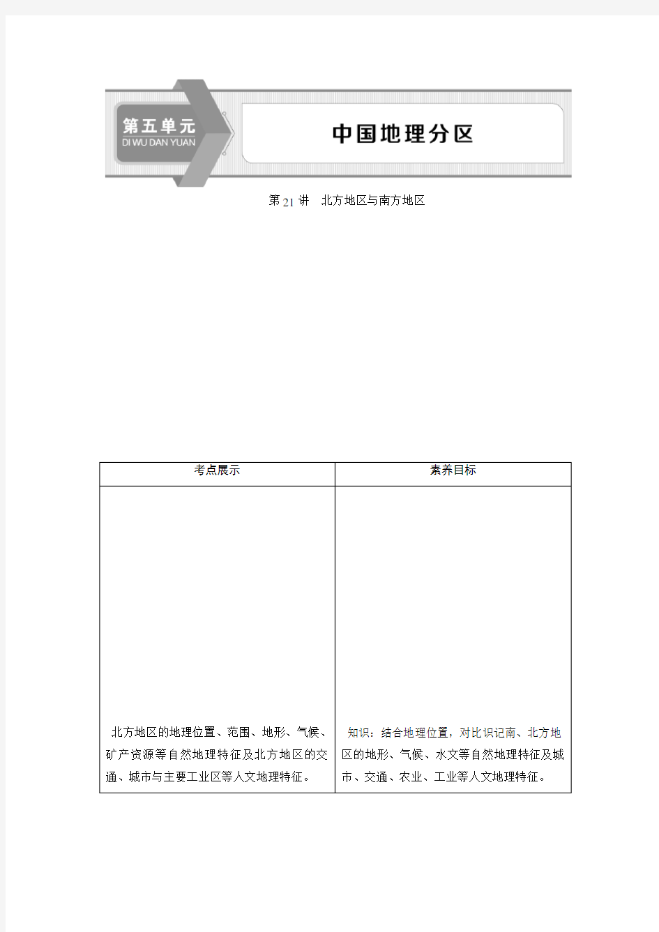 2019-2020学年高二区域地理同步学案：第21讲 北方地区与南方地区 Word版含答案