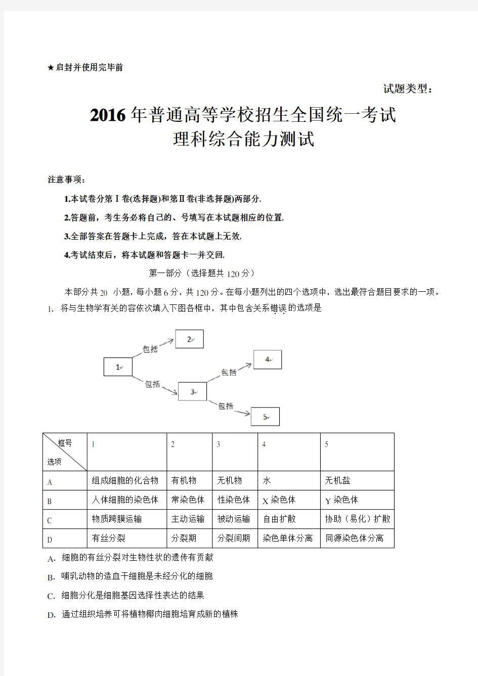 2016年北京理综高考试题(含答案)