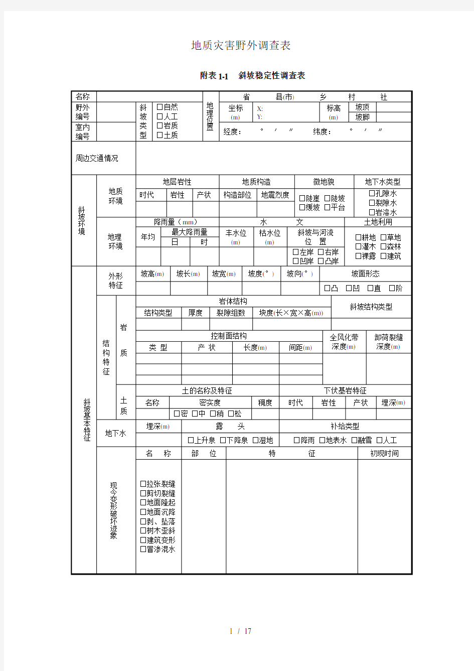 地质灾害野外调查表