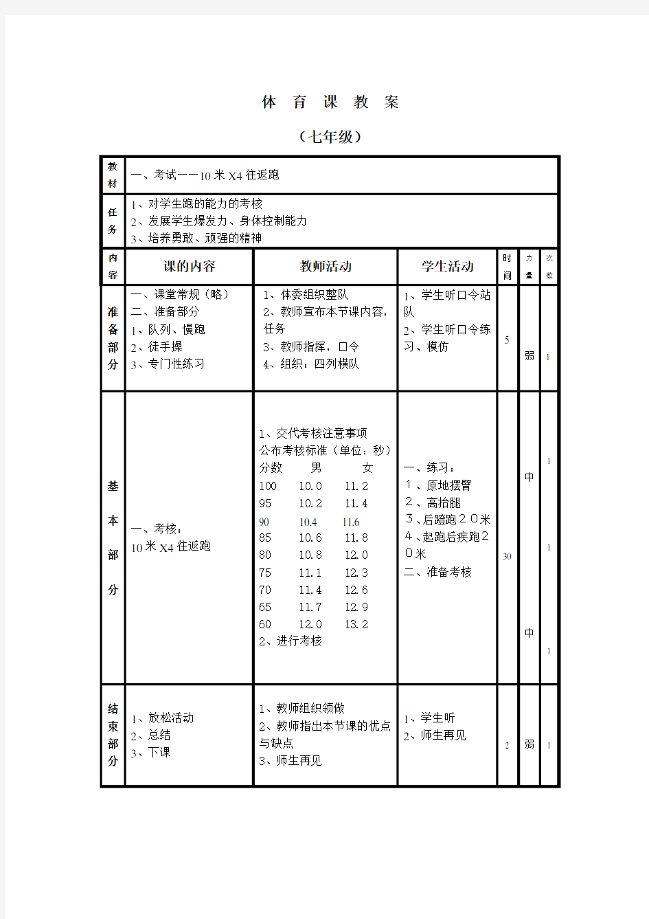 体育教案10米X4往返跑