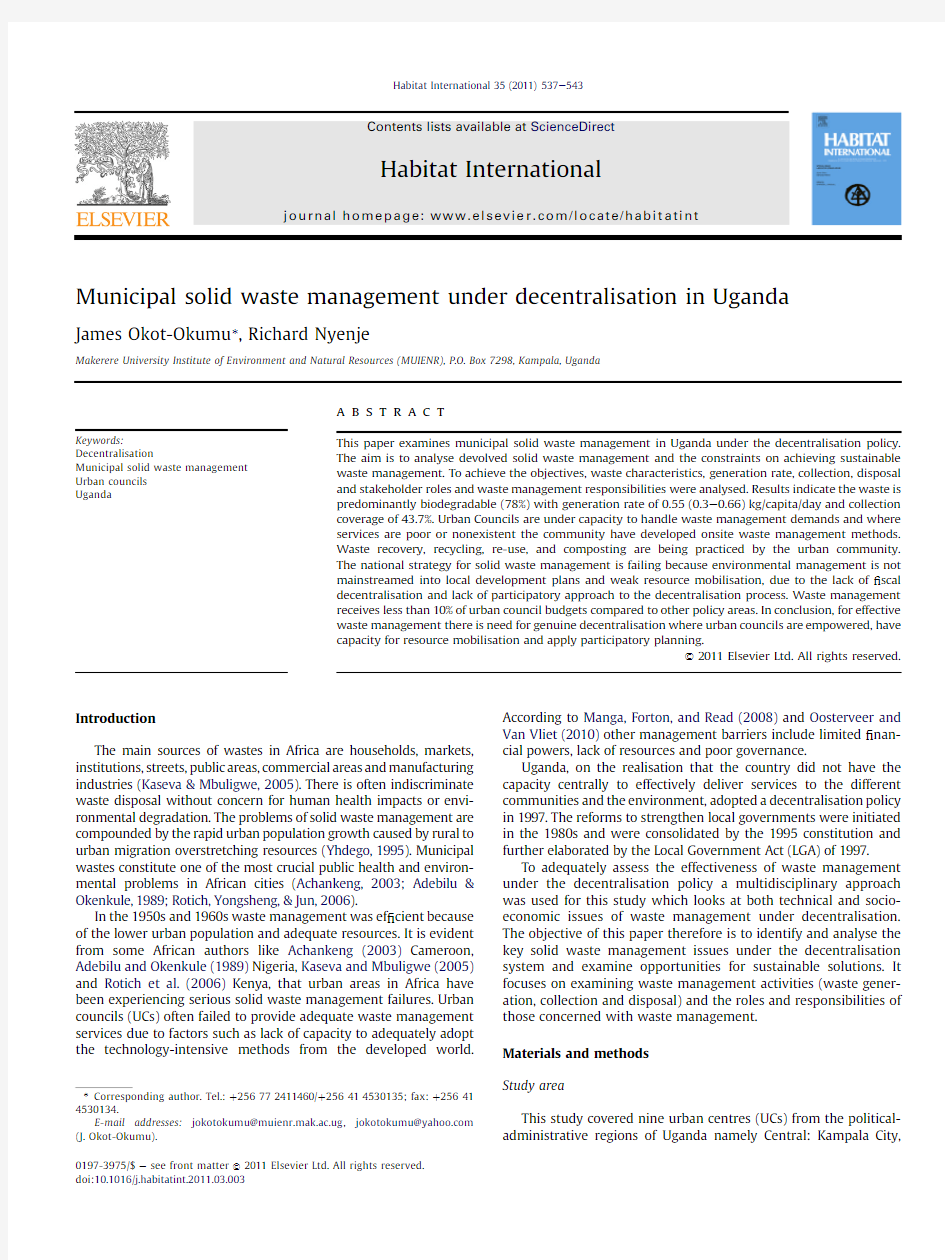 Municipal solid waste management under decentralisation in Uganda