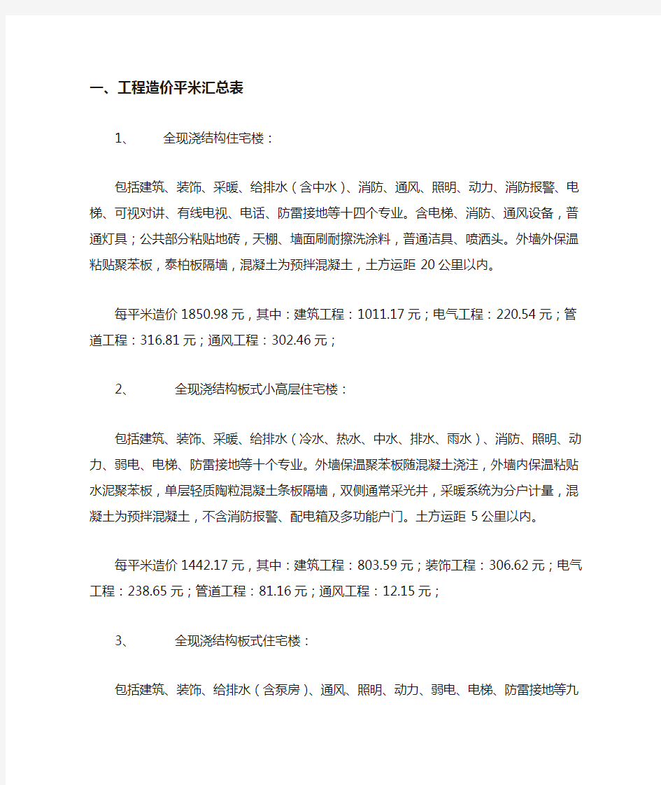 _工程造价平米汇总表、工程预付款及其计算、房地产建筑成本、工程成本测算