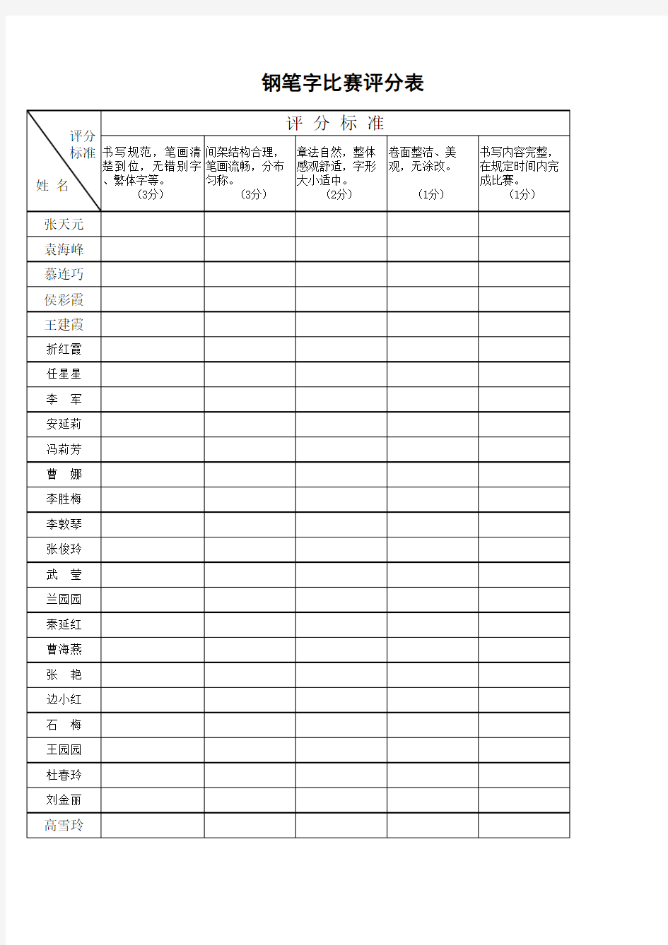 钢笔字比赛评分表