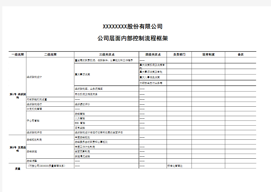 XXXXXXXX股份有限公司公司层面内部控制流程框架