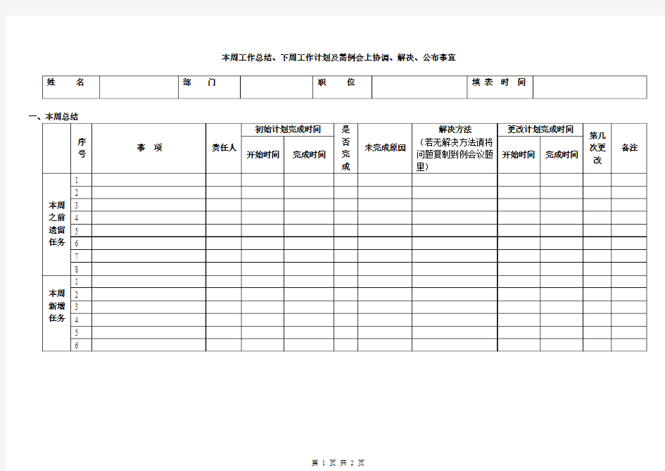 周工作总结计划表格