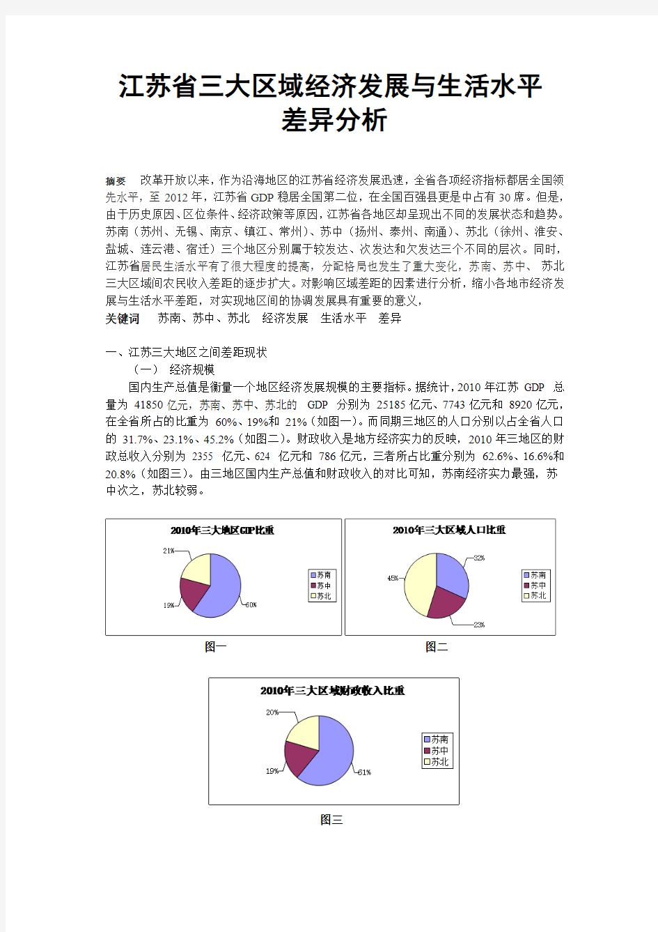 江苏省三大区域经济和生活水平差异分析