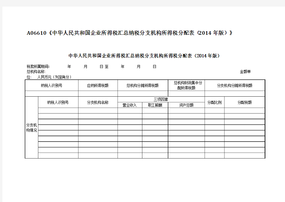 《中华人民共和国企业所得税汇总纳税分支机构所得税分配表(2014年版)》