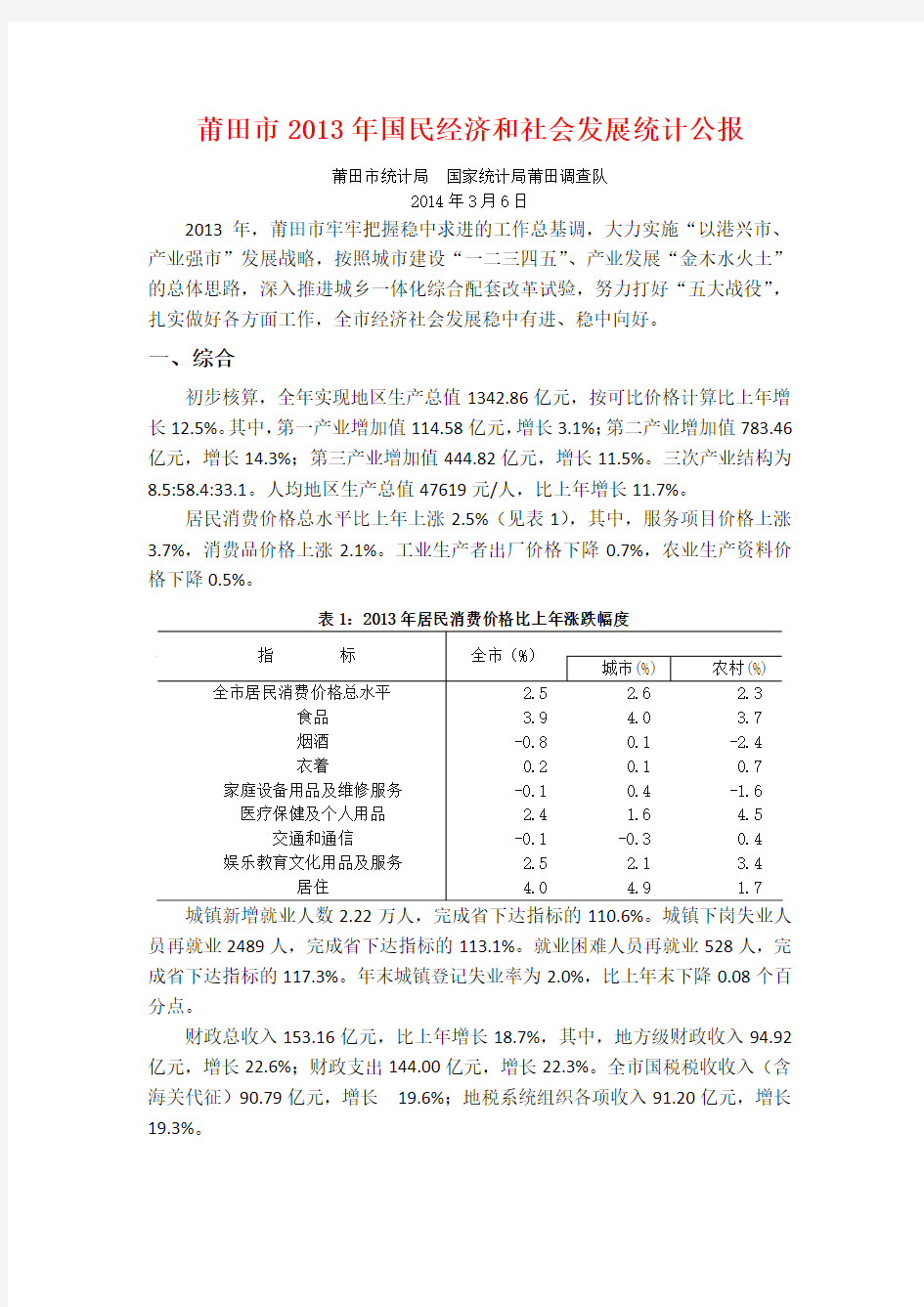 2013莆田市统计公报