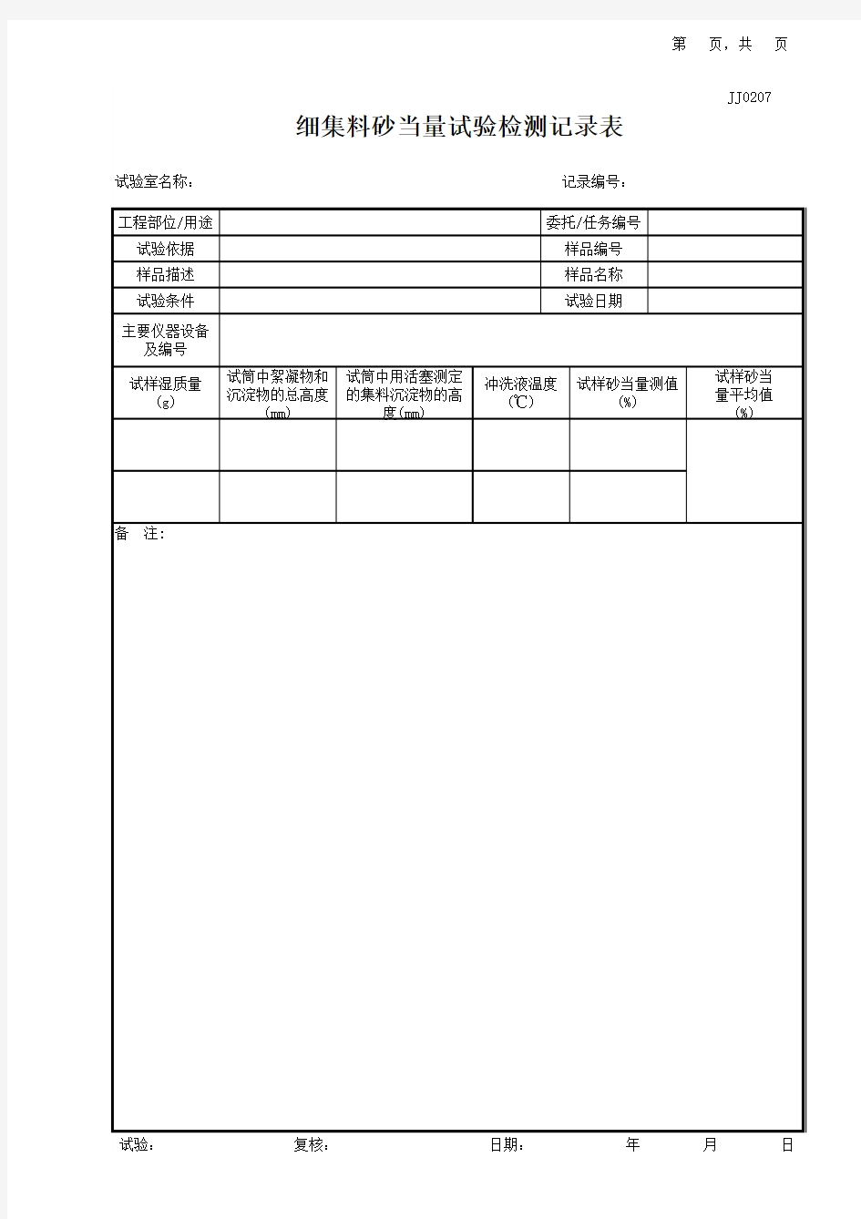 细集料砂当量试验检测记录表