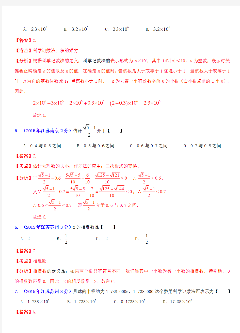 江苏省13市2015年中考数学试题分类解析汇编 专题1 实数问题