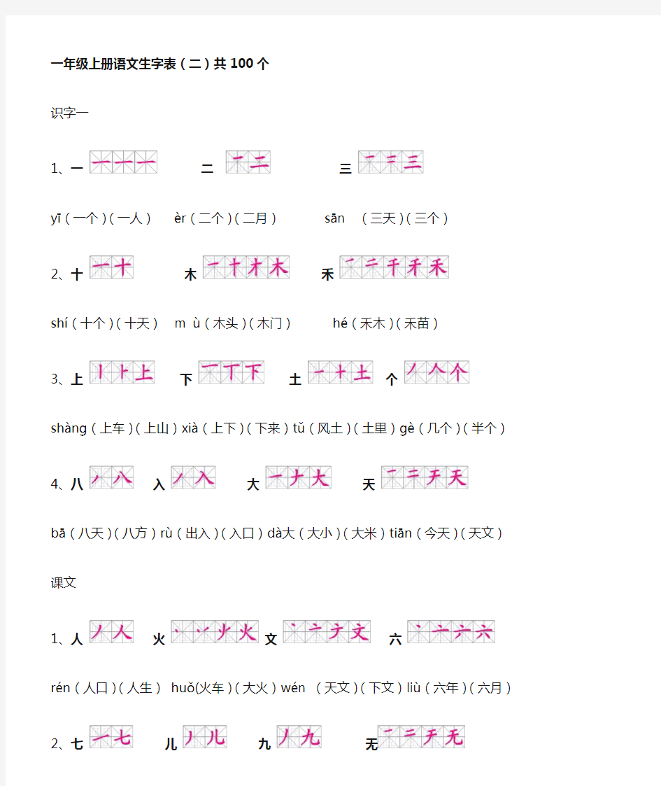 人教版一年级上册语文生字表(二)带笔顺拼音组词及积累