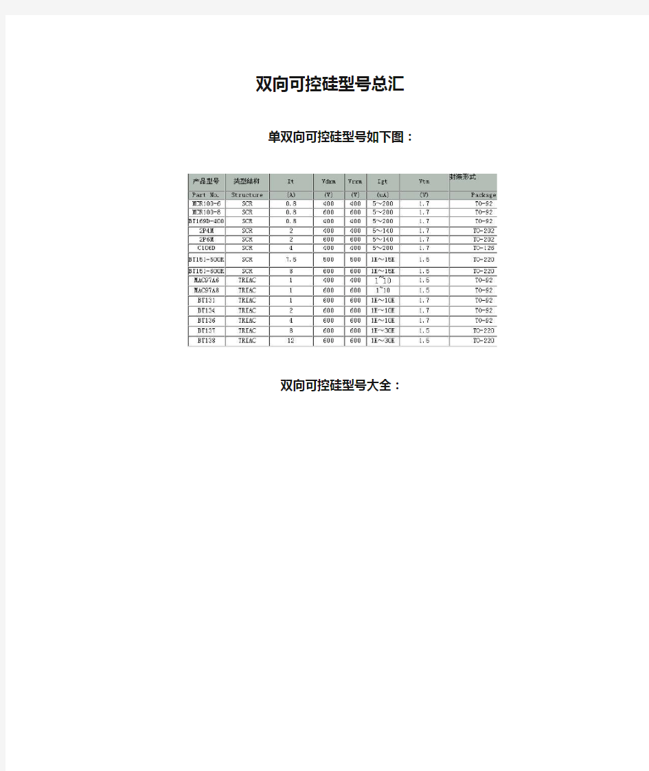 双向可控硅型号总汇