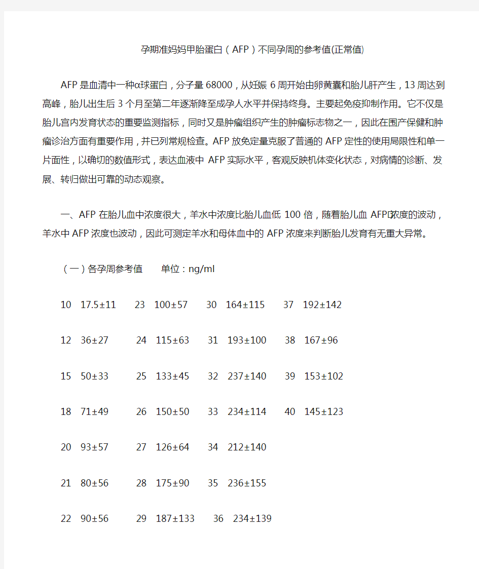孕期准妈妈甲胎蛋白(AFP)不同孕周的参考值