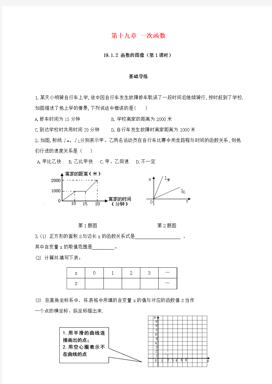 2018年春学期八年级数学下册19.1函数19.1.2函数的图象第1课时练习(含答案)新人教版