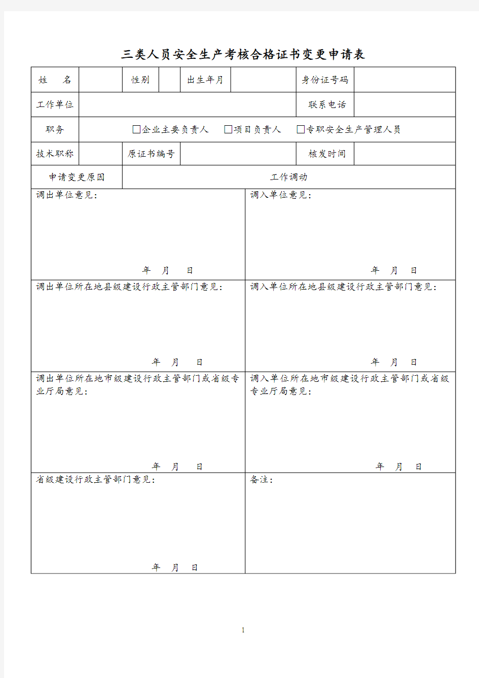 三类人员变更申请表(市质监站指定用表)