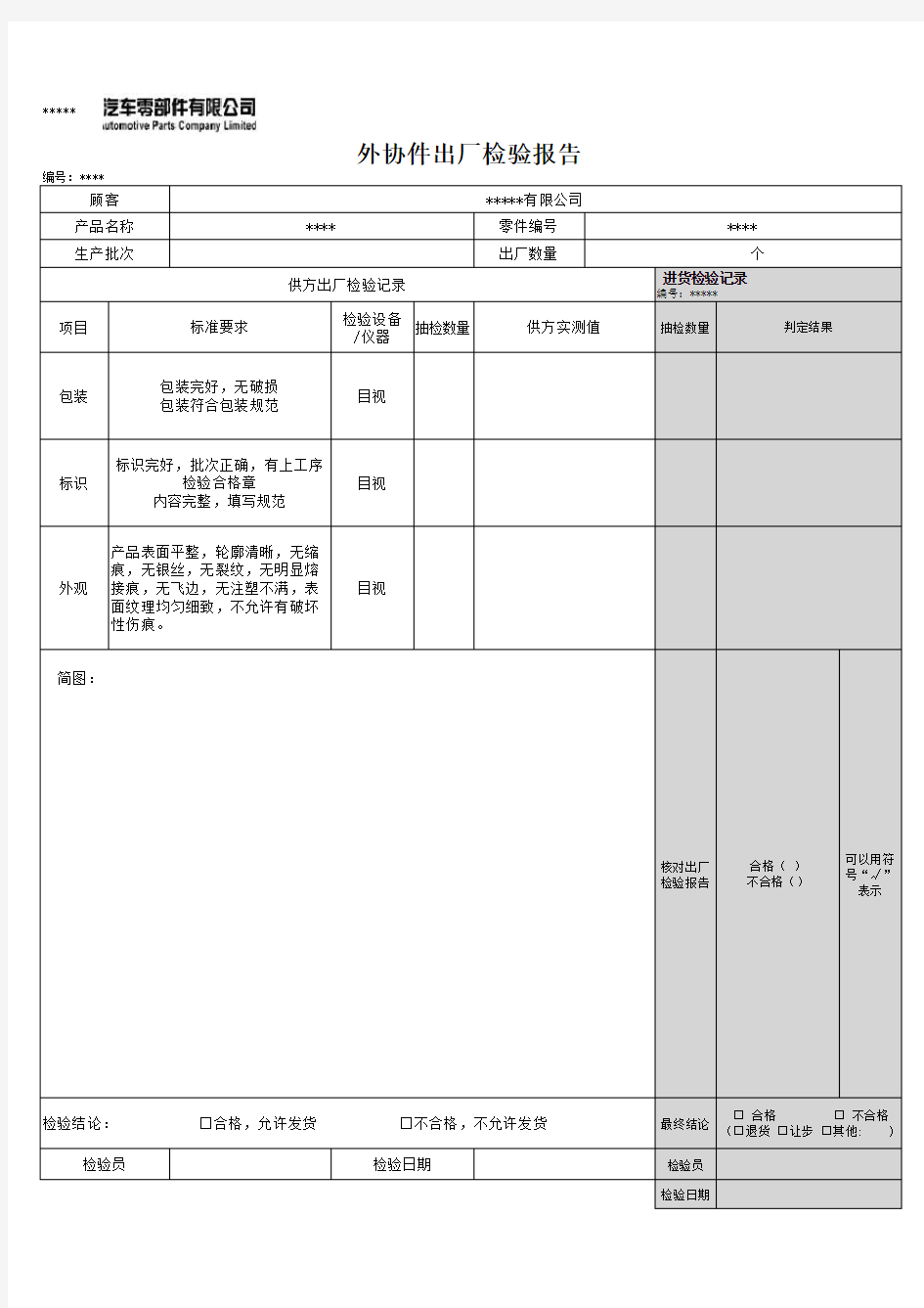 汽车配件出厂检验报告