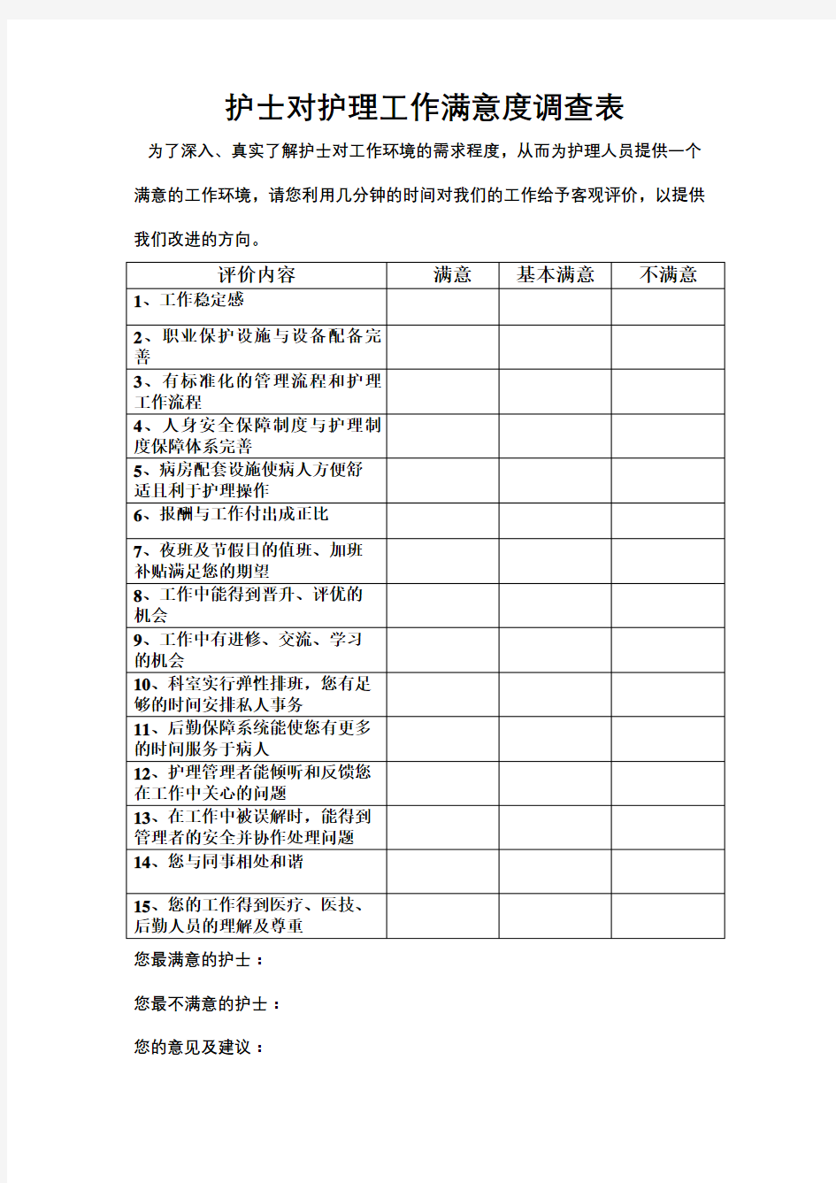 护士对护理工作满意度调查表