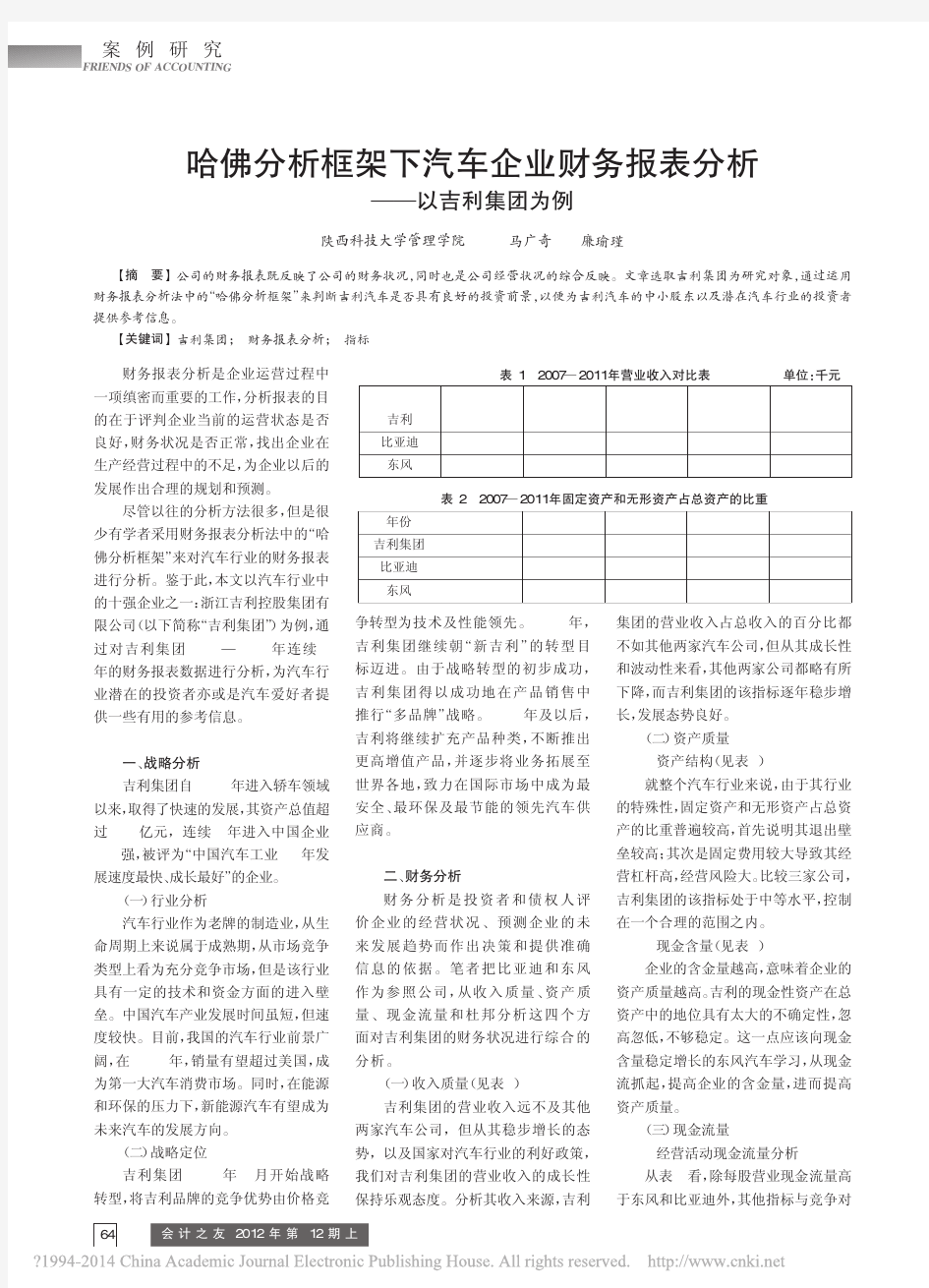 哈佛分析框架下汽车企业财务报表分析_以吉利集团为例