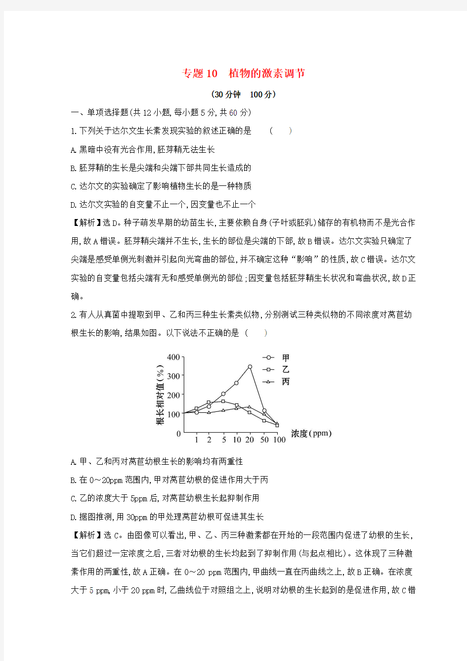 2019版高考生物二轮复习专题十植物的激素调节专题能力提升练