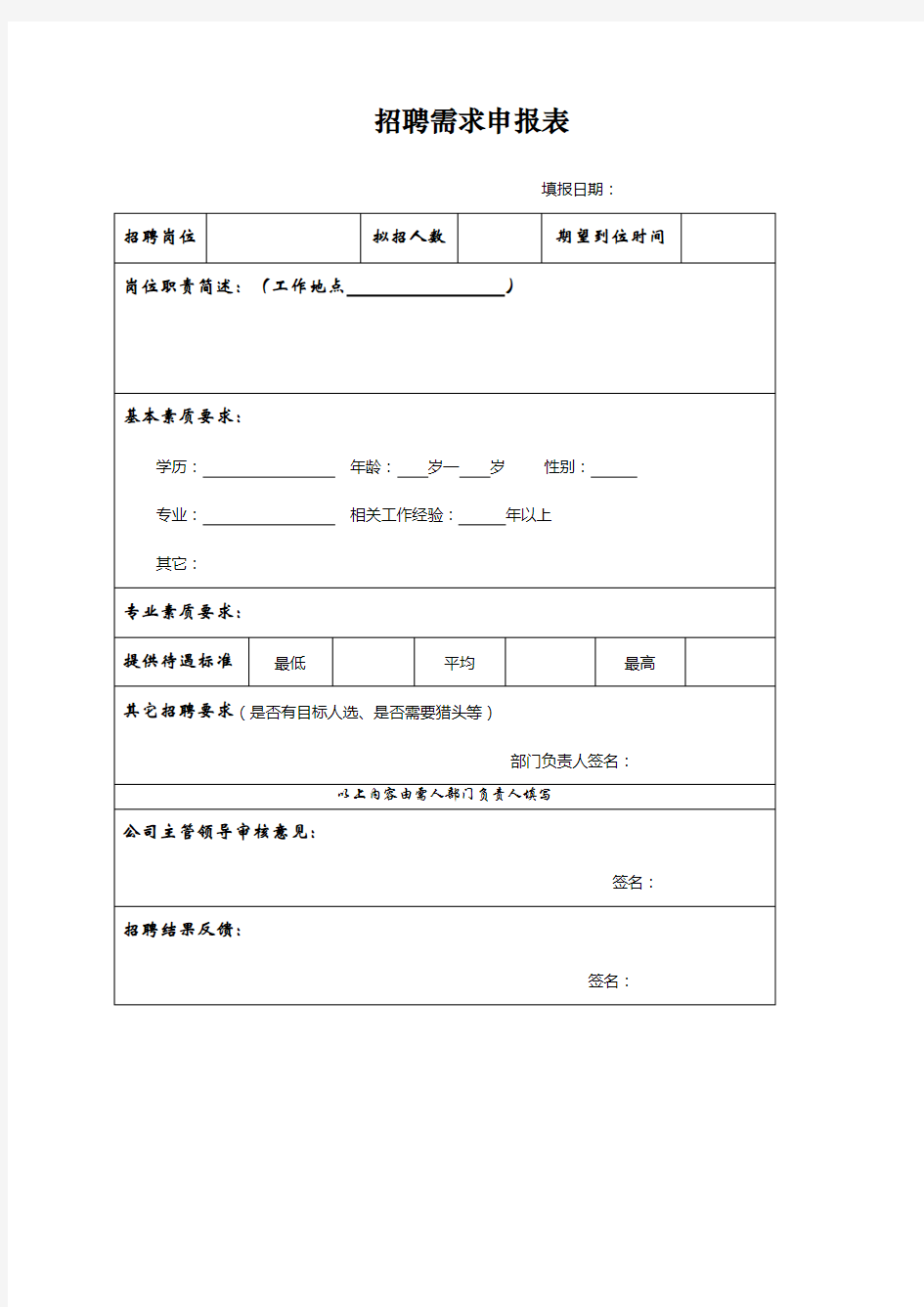 招聘需求申报表表格格式