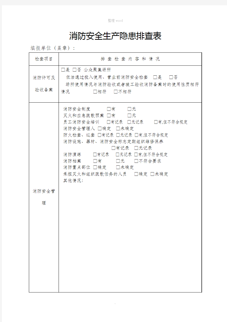 消防安全生产隐患排查表