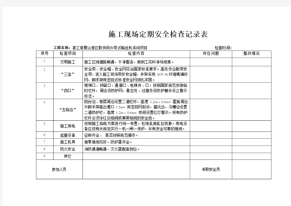 (完整版)施工现场定期安全检查记录表