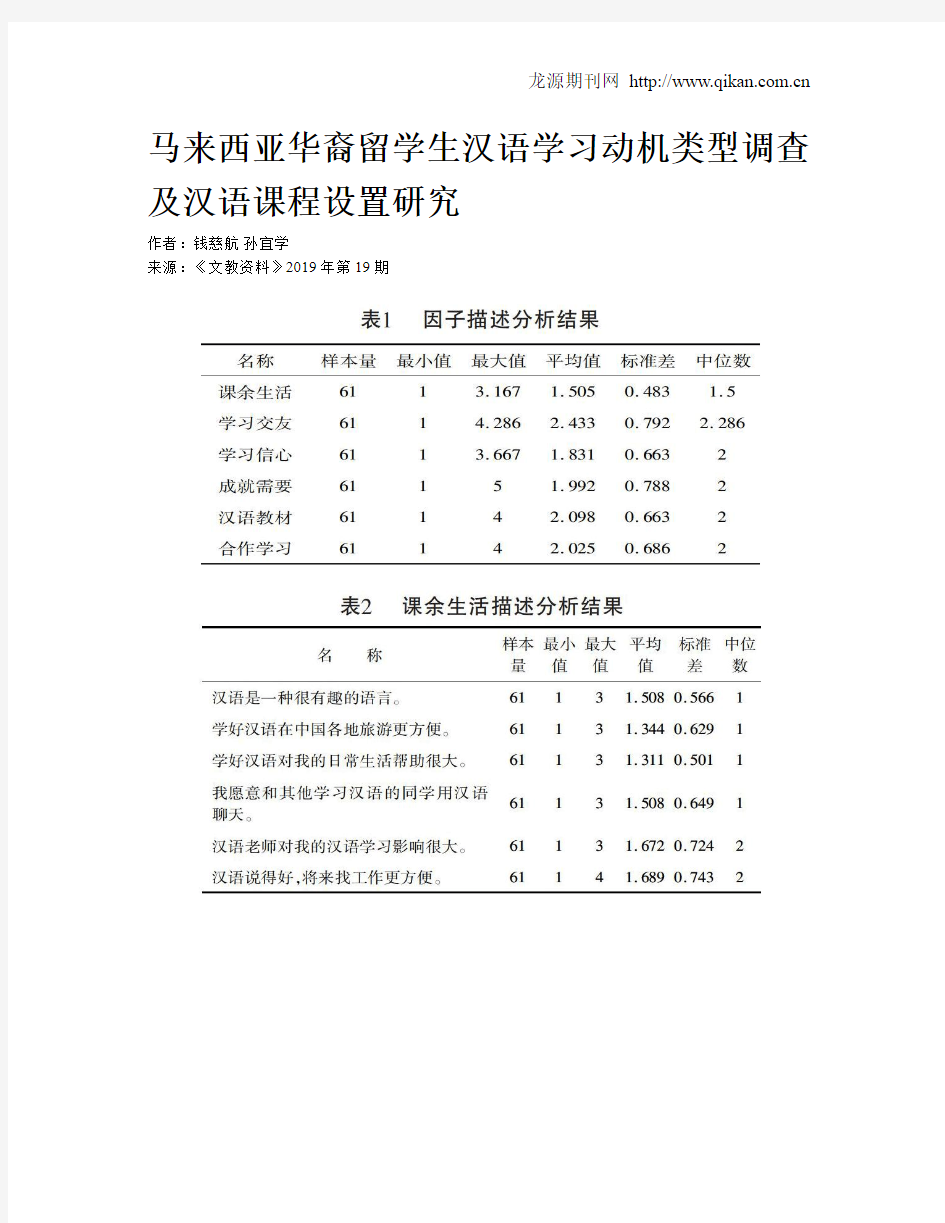 马来西亚华裔留学生汉语学习动机类型调查及汉语课程设置研究