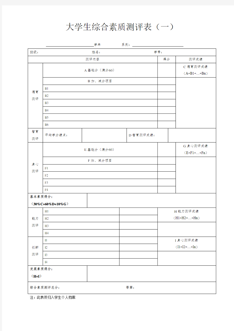 大学生综合素质测评表格表模板